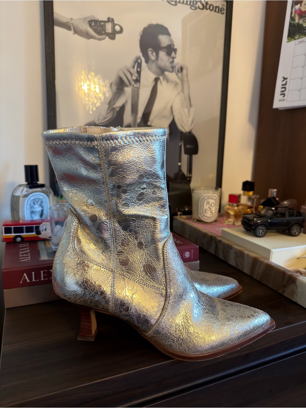 Gold Metallic Pointed-Toe Kitten Heel Booties